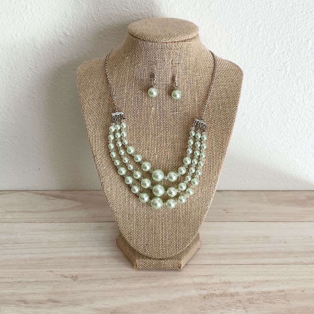 Multi-Strand Mint Pearl Necklace and Earring Set